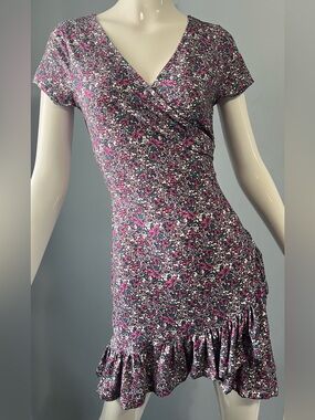 Rebel Sugar Pink & Purple Floral Wrap Soft Stretch Mini Dress Ruffle Hem Size S